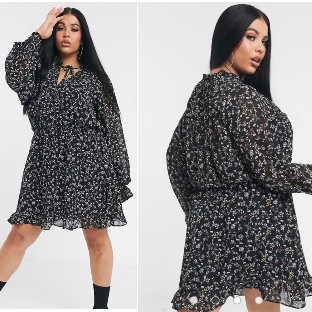 Missguided Plus Tie Neck Smock Floral Dress Black Size 18